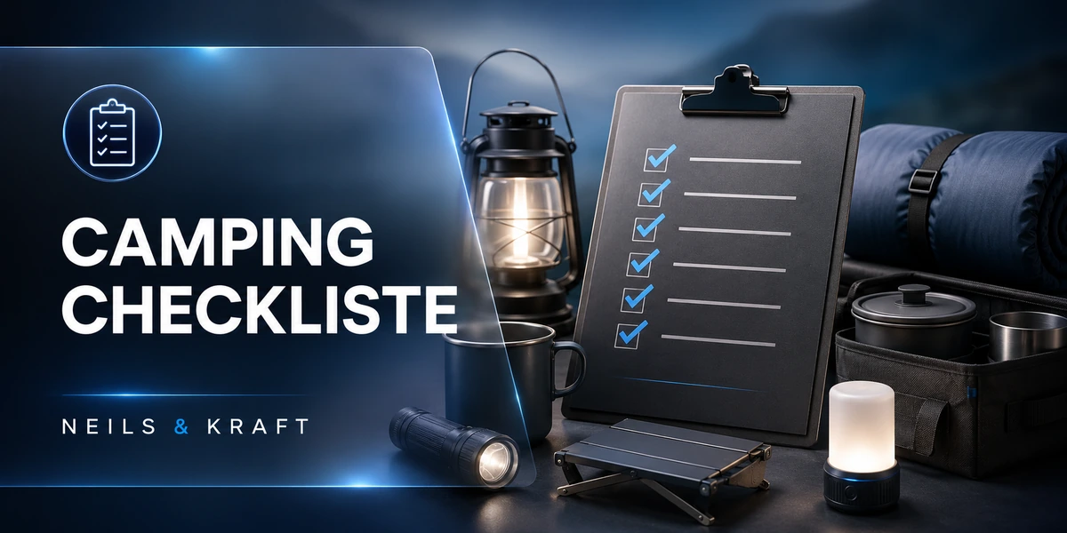 Camping Checkliste von Neils und Kraft mit Packliste, Laterne, Taschenlampe, Schlafsack und Campingzubehör im modernen Outdoor-Design