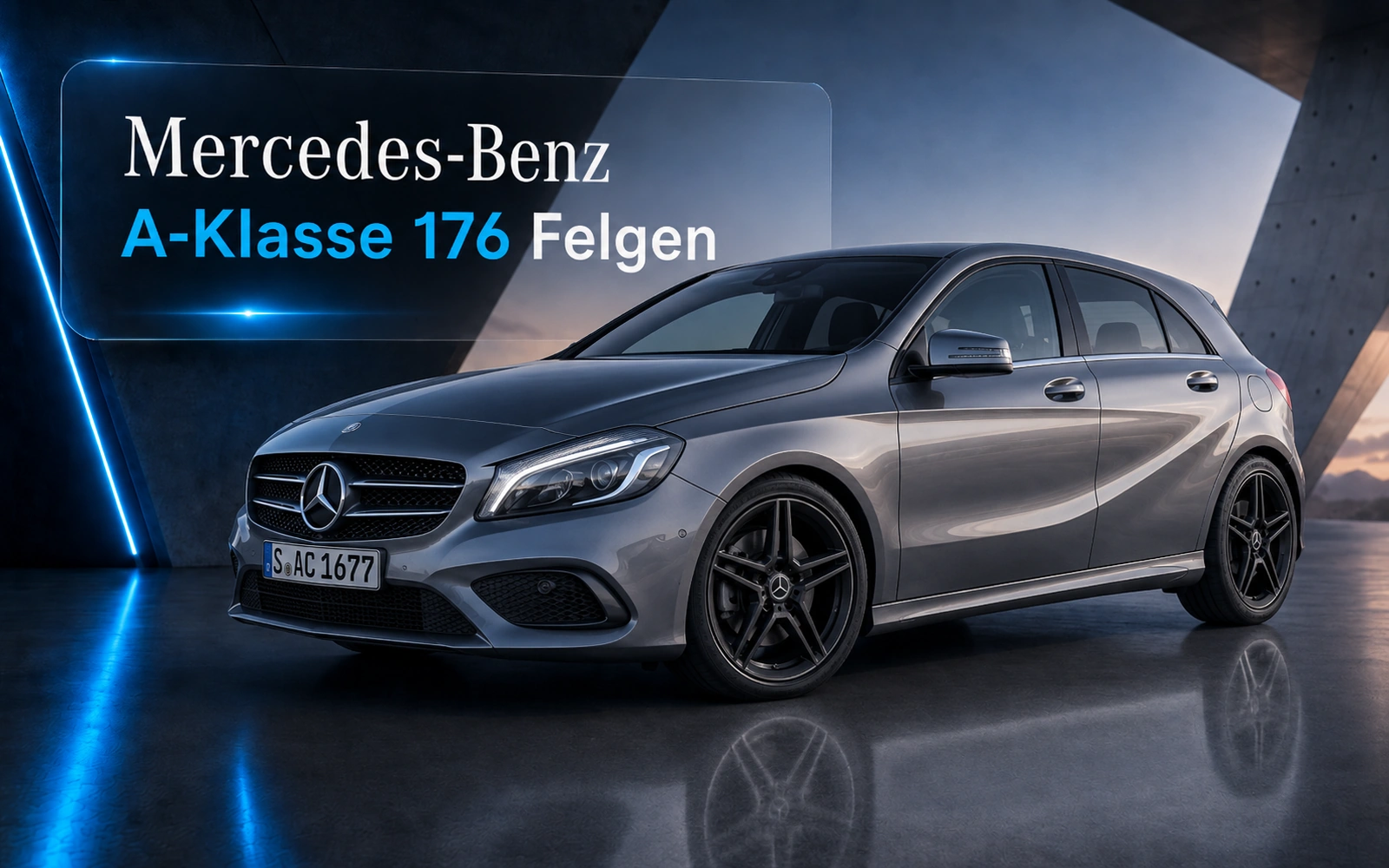 Mercedes-Benz A-Klasse 176 mit schwarzen Felgen vor moderner Architektur und Schriftzug Mercedes-Benz A-Klasse 176 Felgen