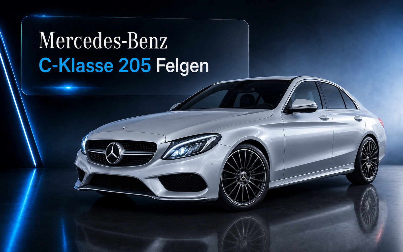 Mercedes-Benz C-Klasse W205 Limousine mit schwarzen Felgen vor dunklem Hintergrund und Schriftzug C-Klasse 205 Felgen