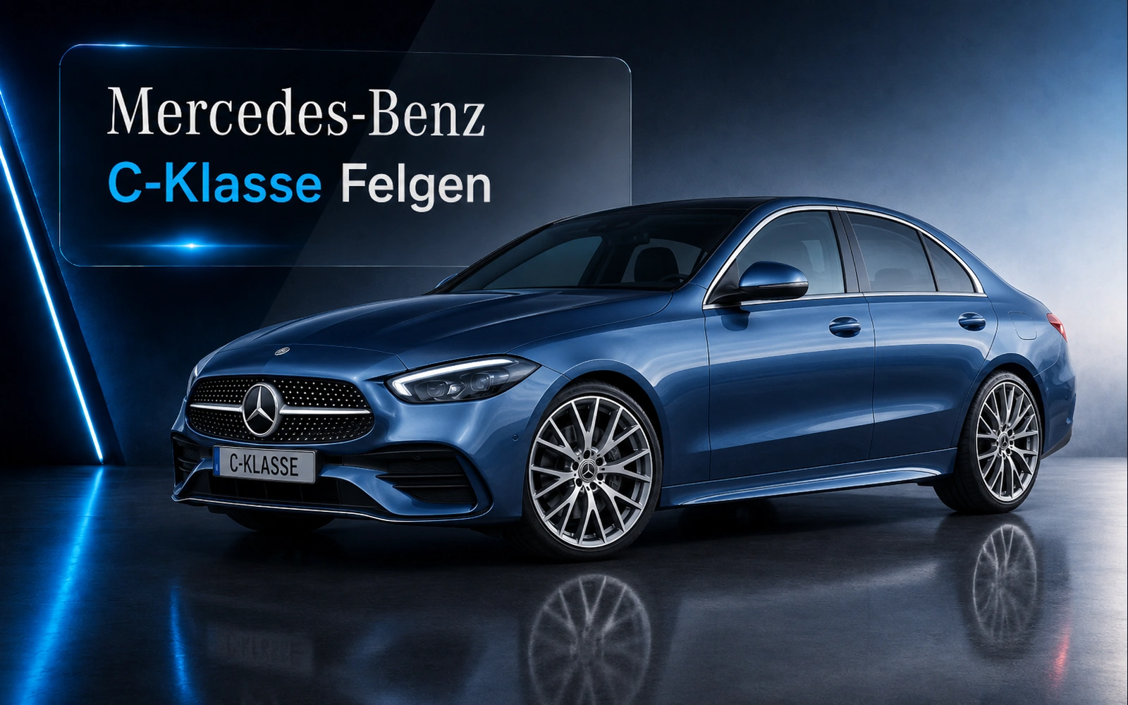 Mercedes-Benz C-Klasse Limousine in Blau mit sportlichen Leichtmetallfelgen vor dunklem Studiohintergrund – Banner für Mercedes-Benz C-Klasse Felgen