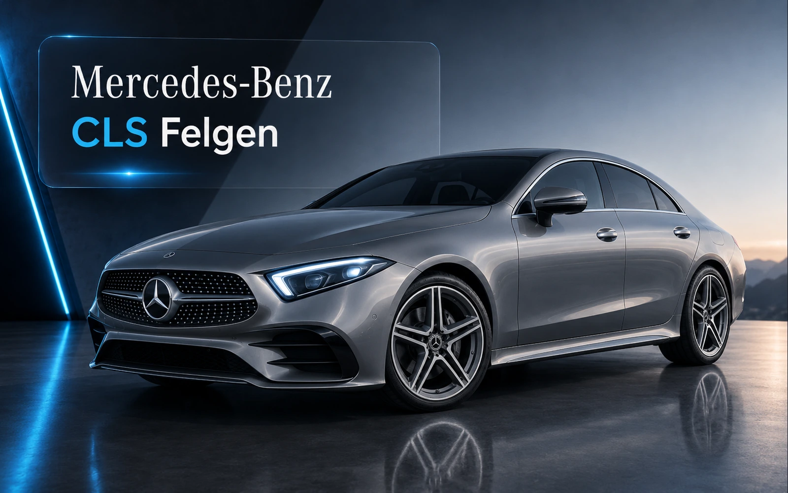 Original Mercedes-Benz CLS Limousine in Silber mit sportlichen Leichtmetallfelgen auf dunklem Studiohintergrund – Titelgrafik Mercedes-Benz CLS Felgen