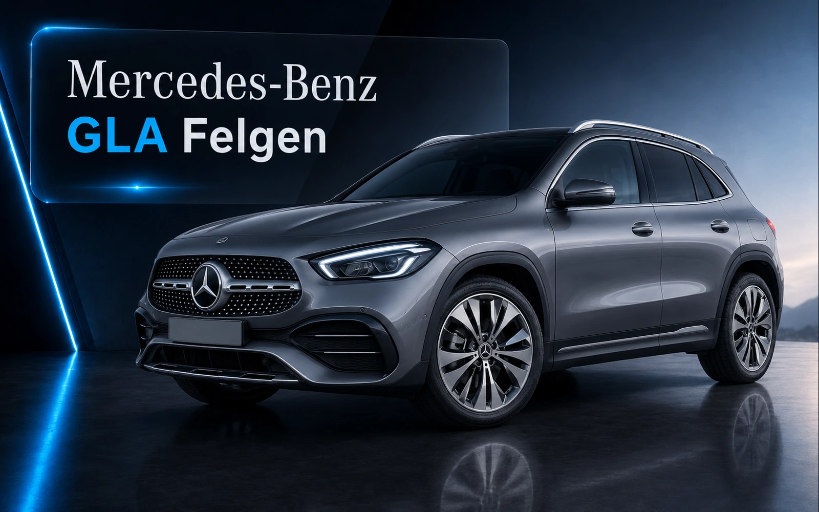 Mercedes-Benz GLA SUV in Grau mit original Mercedes-Benz Felgen auf dunklem Hintergrund – Teaserbild für Mercedes GLA Felgen und Original Leichtmetallräder
