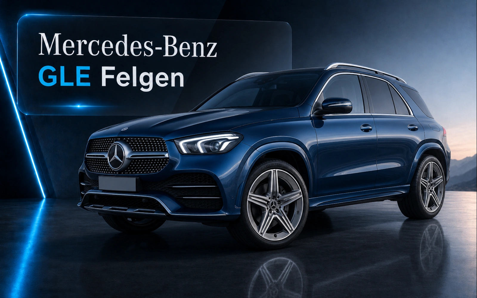 Mercedes-Benz GLE SUV mit sportlichen Leichtmetallfelgen in Dunkelblau vor modernem Studiohintergrund – Original Mercedes-Benz GLE Felgen