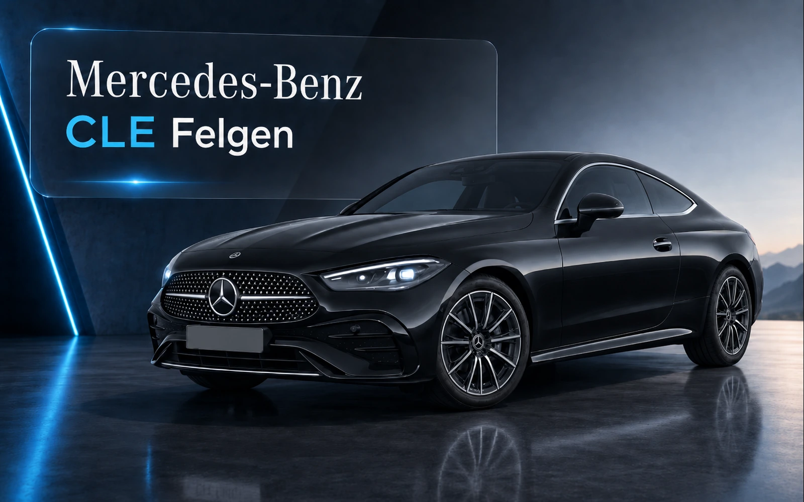 Original Mercedes-Benz CLE Coupé mit mehrspeichigen Leichtmetallfelgen in Schwarz vor modernem dunklem Hintergrund – Mercedes-Benz CLE Felgen