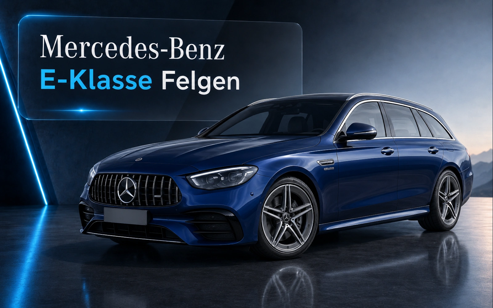 Original Mercedes-Benz E-Klasse Kombi mit sportlichen AMG Felgen in Dunkelblau vor modernem Studiohintergrund – Mercedes-Benz E-Klasse Felgen