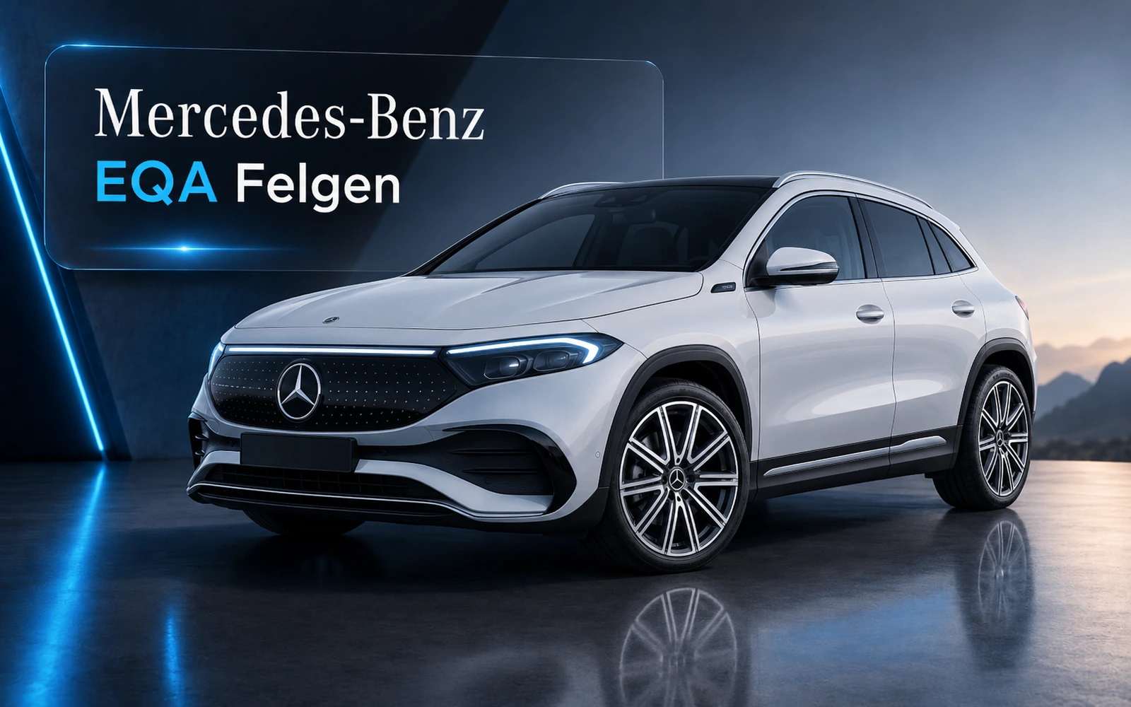 Original Mercedes-Benz EQA Felgen – Weißer Mercedes-Benz EQA SUV mit modernen Leichtmetallfelgen vor dunklem Hintergrund