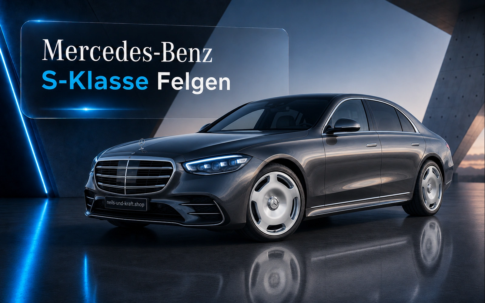 Original Mercedes-Benz S-Klasse Felgen – elegante Luxuslimousine in Dunkelgrau mit aerodynamischen Leichtmetallfelgen vor modernem Hintergrund, Schriftzug S-Klasse Felgen