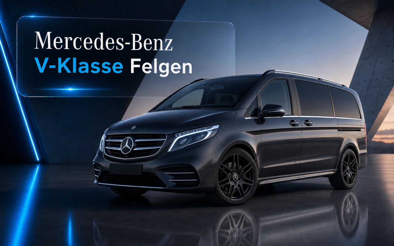 Mercedes-Benz V-Klasse mit schwarzen Leichtmetallfelgen in moderner Studioinszenierung – Premium V-Klasse Felgen Design in dunkler Fahrzeugoptik