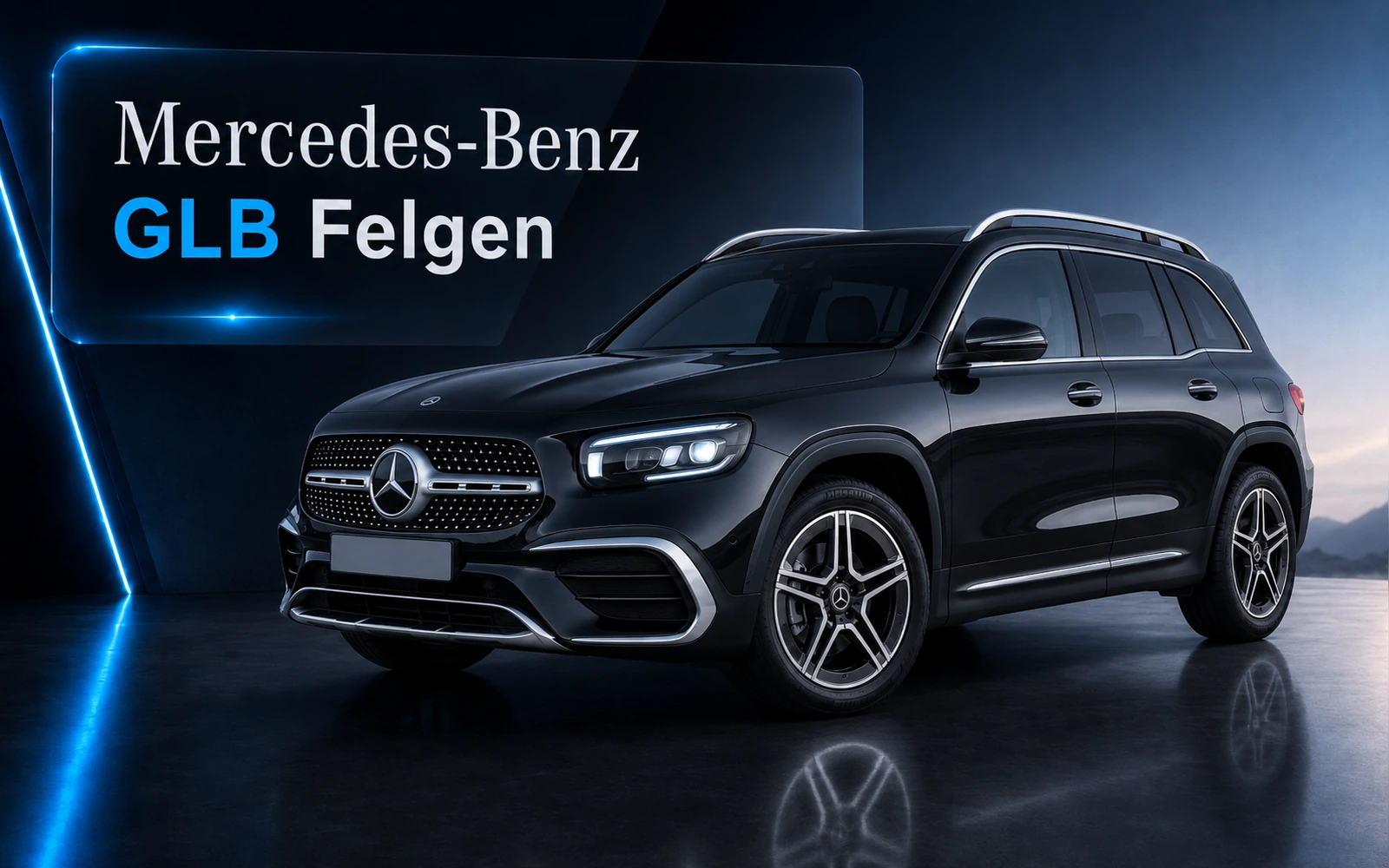 Mercedes-Benz GLB SUV in Schwarz mit sportlichen Leichtmetallfelgen vor dunklem Hintergrund – Titelgrafik Mercedes-Benz GLB Felgen