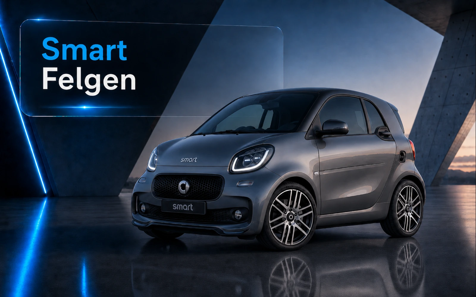 Smart Felgen – Moderner grauer Smart mit sportlichen Leichtmetallfelgen in futuristischer Architektur, Produktmotiv für Smart Fahrzeugfelgen