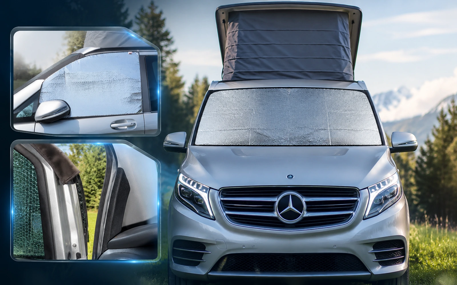 Brandrup Isolite Outdoor Thermomatten an einem Mercedes-Benz Campervan mit Aufstelldach, montiert an Frontscheibe und Seitenfenstern, vor Berglandschaft.