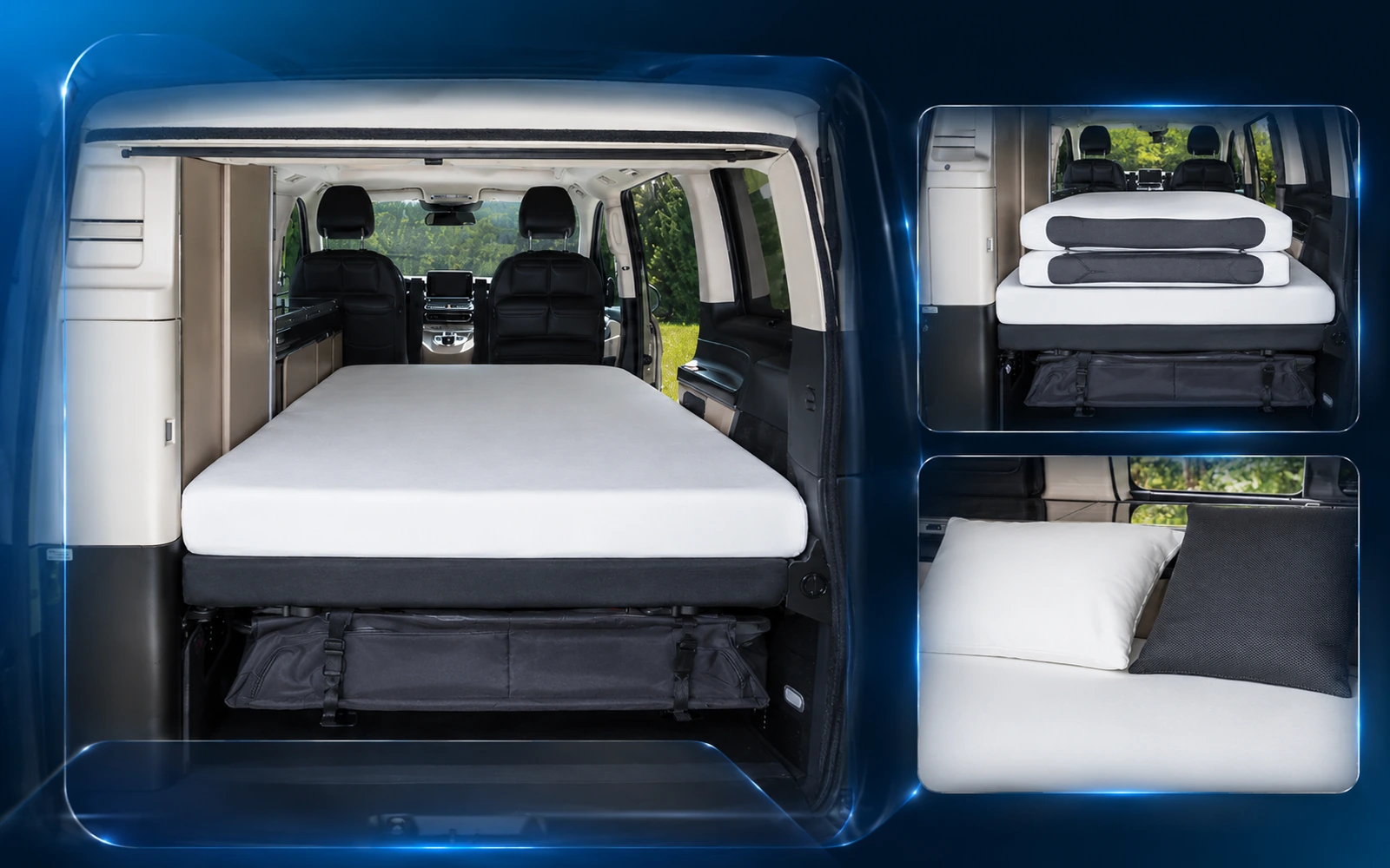 Brandrup iXTEND Spannbettlaken im Mercedes-Benz Marco Polo Camper mit ausgeklappter Liegefläche, Matratze und Kissen im Innenraum.