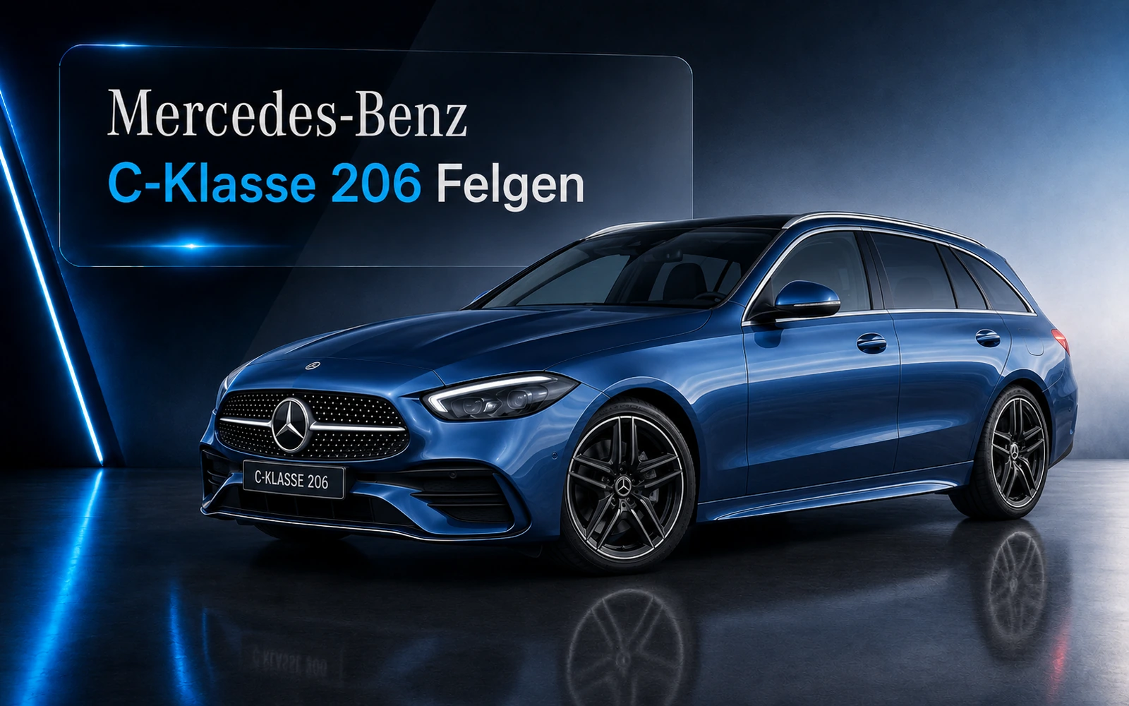 Mercedes-Benz C-Klasse 206 T-Modell in Blau mit schwarzen Felgen vor dunklem Studiohintergrund