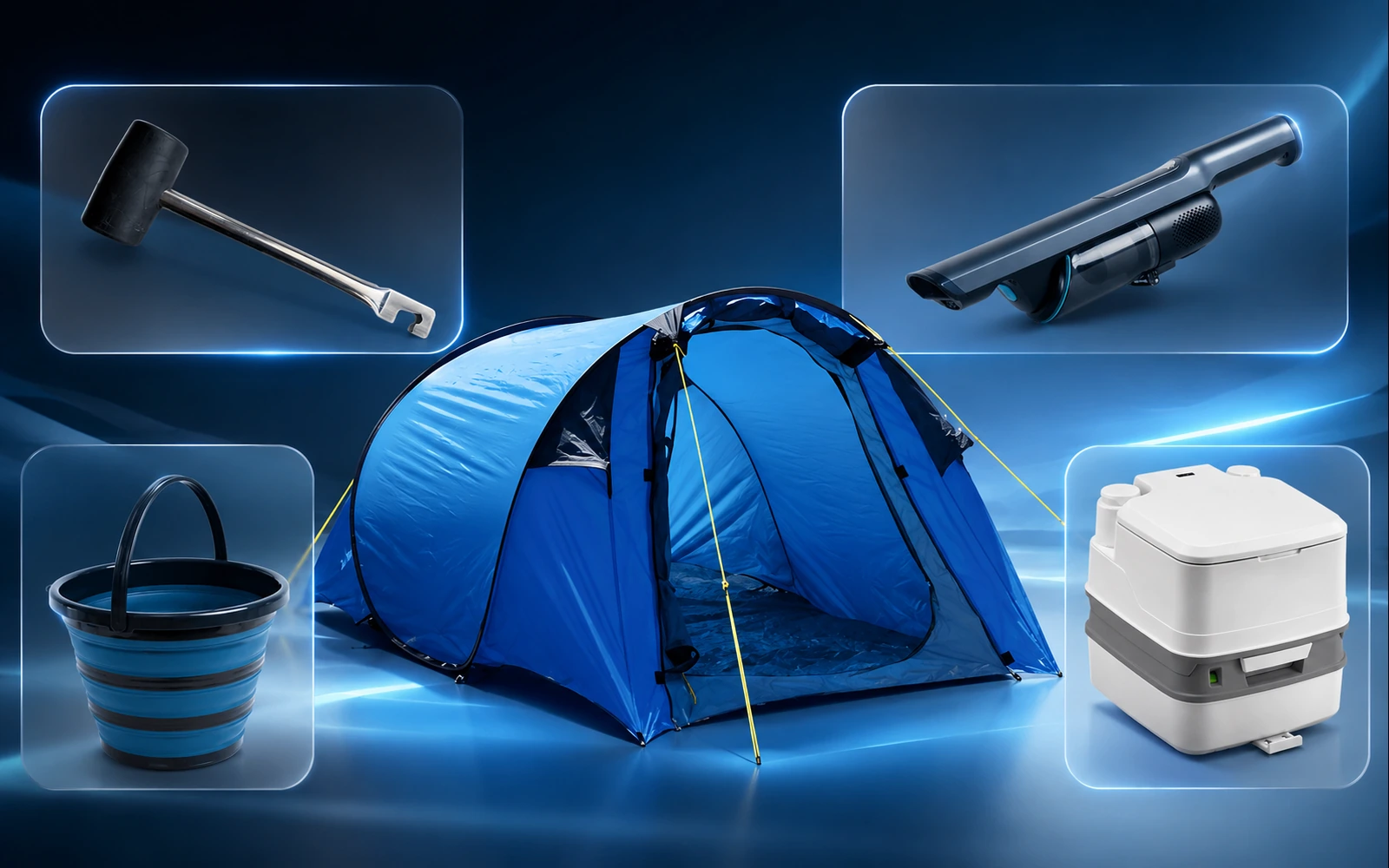Blaues Campingzelt mit praktischem Campingzubehör wie Gummihammer, Akku-Staubsauger, faltbarem Eimer und Campingtoilette auf modernem blauem Hintergrund.