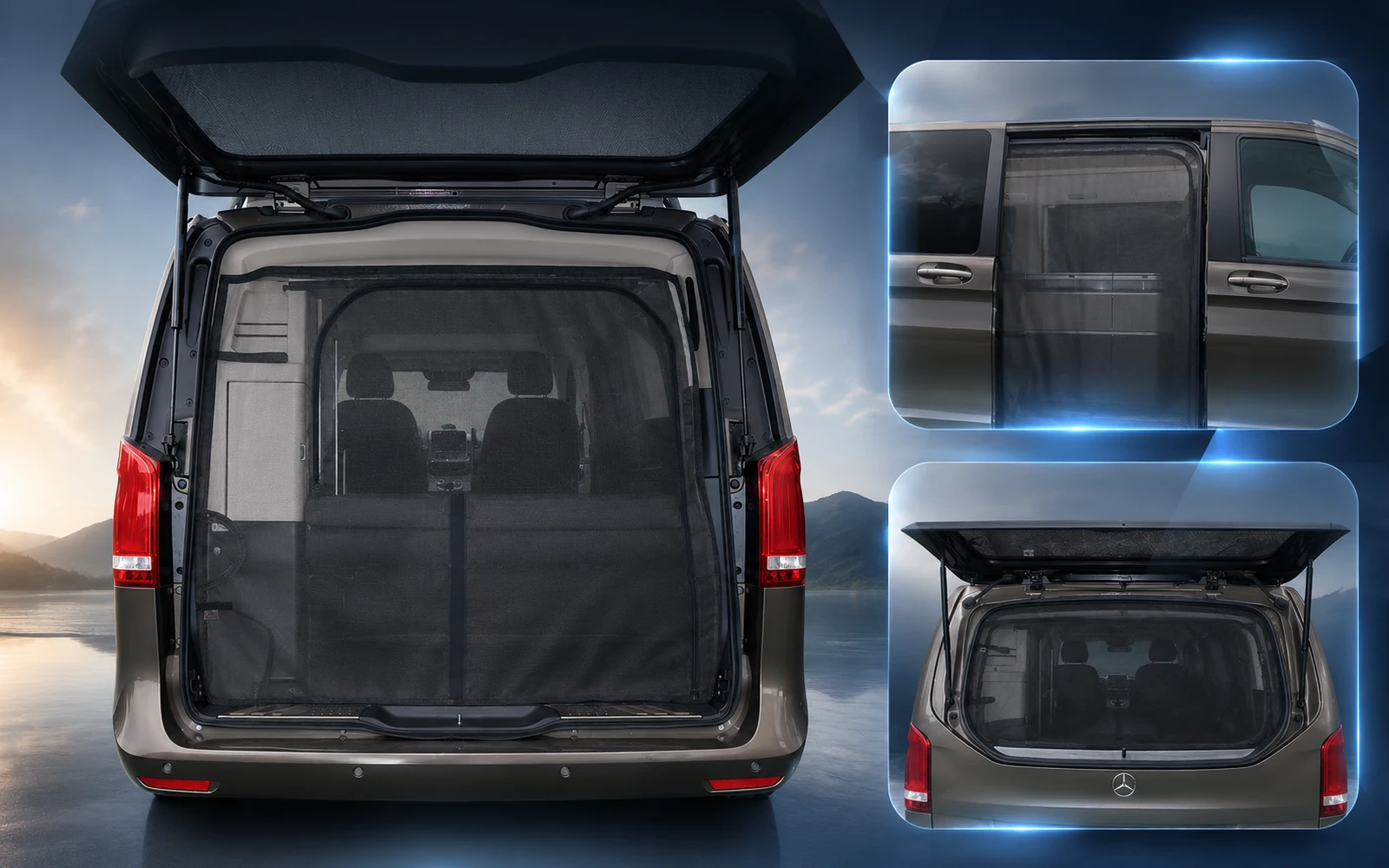 Insektenschutznetz für Mercedes-Benz Marco Polo Heckklappe und Schiebetür, montiert am Campervan, ideal als Mückenschutz beim Camping.