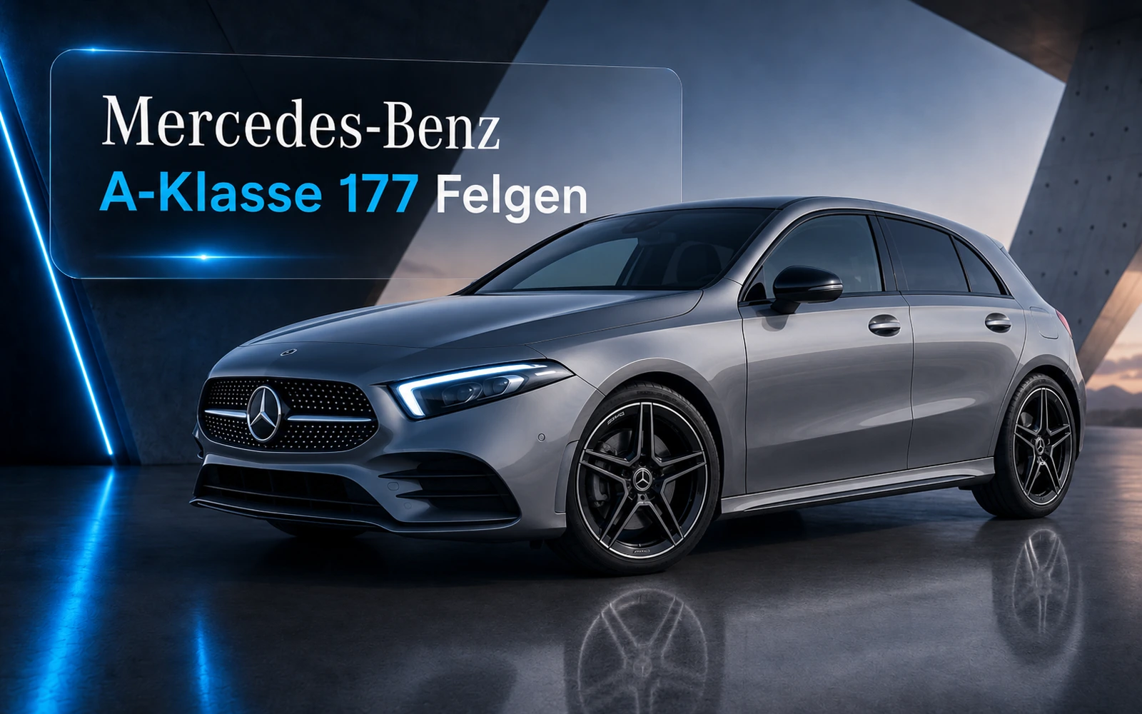 Mercedes-Benz A-Klasse 177 in moderner Premium-Szene mit originalen AMG Felgen und Schriftzug A-Klasse 177 Felgen.