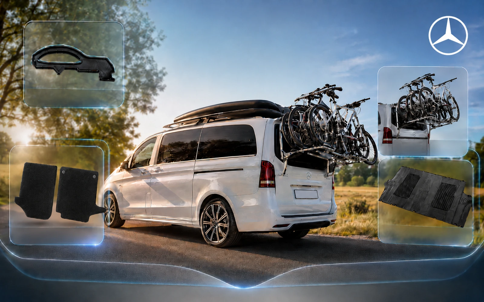 Mercedes-Benz Campervan mit Fahrradträger, Dachbox und Zubehör-Elementen für Camping, Transport und Fahrzeugausstattung vor landschaftlichem Hintergrund.