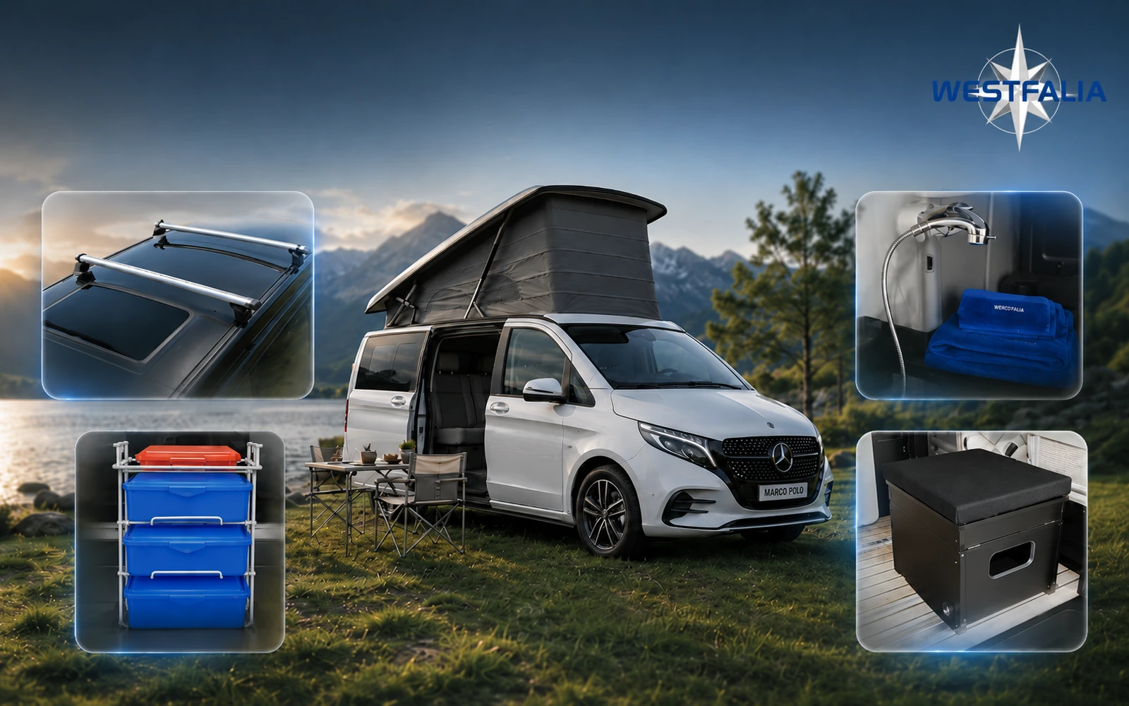Westfalia Marco Polo Campervan vor Berg- und See-Kulisse mit Aufstelldach, Campingzubehör, Dachträger, Stauboxen, Duschset und Sitzbox.