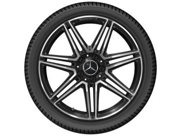 Preview: Frontalansicht einer Original Mercedes-Benz Leichtmetallfelge, schwarzes Finish mit glanzgedrehten Akzenten und markantem Mercedes-Benz Logo in der Mitte.