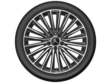 Preview: Original Mercedes-Benz Leichtmetallrad in Schwarz mit Mehrspeichen-Design, Frontalansicht.