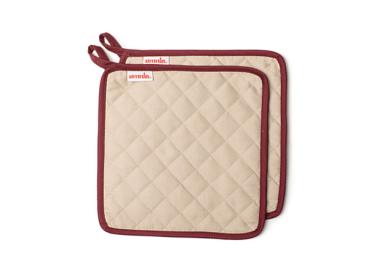 Waschbare Topflappen für OMNIA-Ofen, beige mit weinrotem Rand.