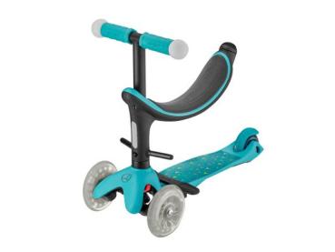 Preview: Kinder-Tretroller 4in1 in mintfarbenem Design, ausgestattet mit einem ergonomischen Sitz und stabilen LED-Rollen für sicheren Stand.