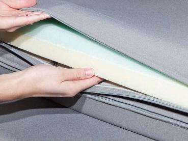 Detailaufnahme des herausnehmbaren Automobilnorm-Schaumstoffs des iXTEND Bettes, welcher höchsten Liegekomfort gewährleistet.