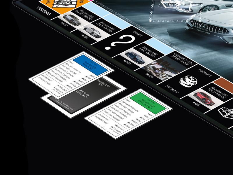 Detailaufnahme von zwei Spielkarten des Mercedes-AMG Monopoly, die auf einem Spielfeld mit Rennsportdesign liegen.