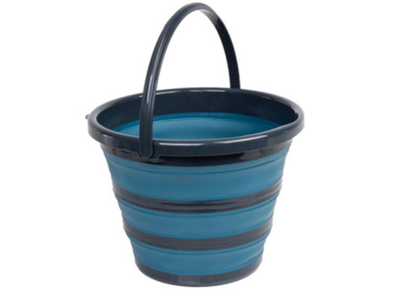 Faltbarer 10-Liter Camping-Eimer in dunkelgrau/petrol, ideal für Campervan – platzsparend und robust.