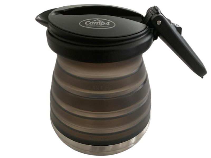 Faltbarer Wasserkessel aus Silikon mit Edelstahlboden, ideal für Camper und Outdoor.