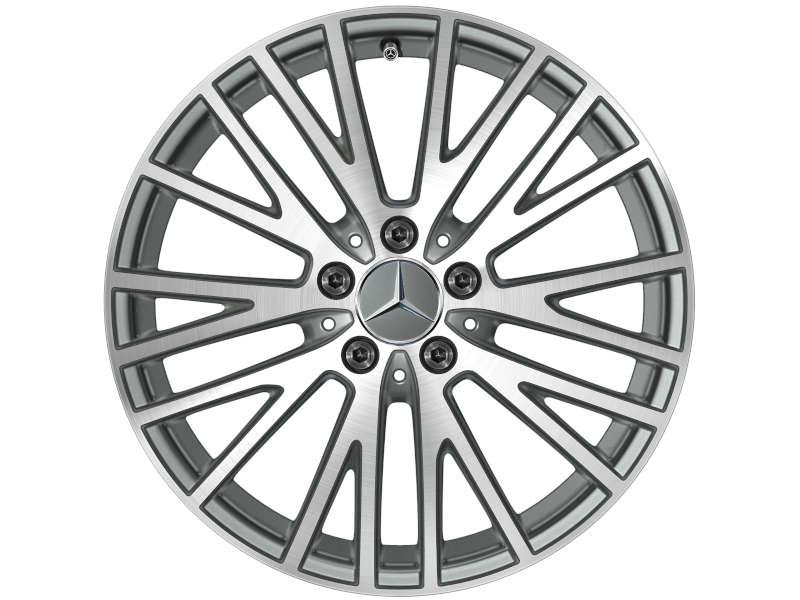 Original Mercedes-Benz Leichtmetallfelge in Silber mit filigranem, mehrspeichigem Design und zentralem Mercedes-Stern-Logo. Hochwertige Verarbeitung für optimale Stabilität und stilvolle Optik.