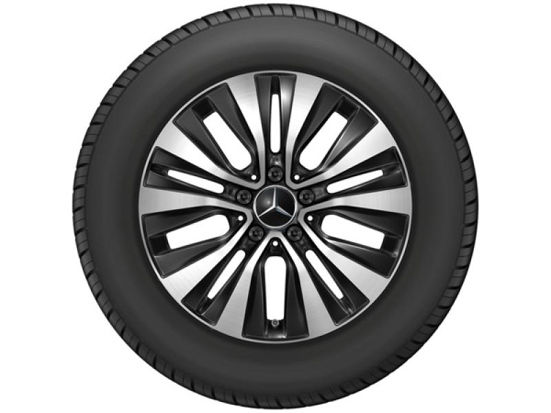 Original Mercedes-Benz Leichtmetallrad in glanzgedrehtem Schwarz-Silber Design mit 10-Speichen-Optik und montierter Bereifung – Hochwertige OEM-Felge für maximale Sicherheit und elegantes Fahrzeugdesign.