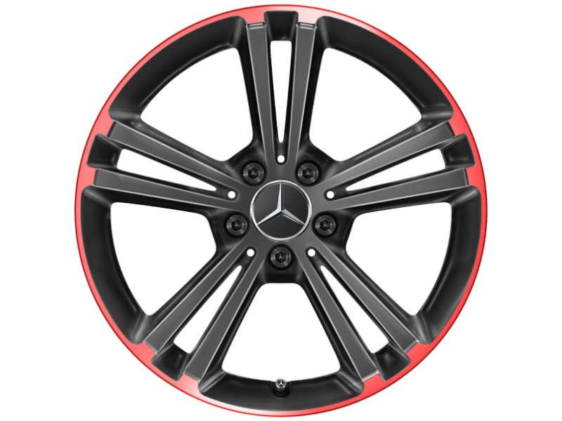 Original Mercedes-Benz Leichtmetallfelge 7,5 J x 18 ET 49 in Schwarz mit rotem Akzent, modernes und sportliches Design mit Mercedes-Stern in der Mitte. Original Mercedes-Benz Leichtmetallfelge 7,5 J x 18 ET 49 in Schwarz mit rotem Akzent, modernes und sportliches Design mit Mercedes-Stern in der Mitte.