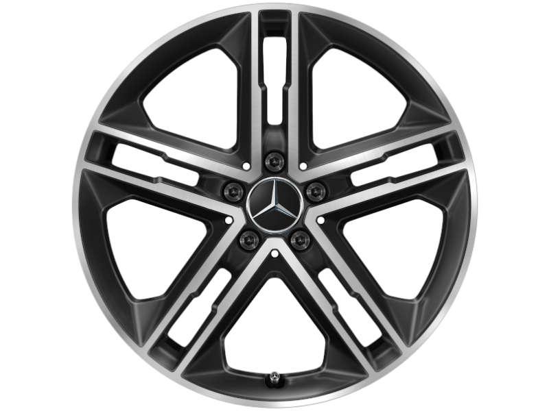 Original Mercedes-Benz Leichtmetallfelge mit fünf Doppelspeichen-Design in Schwarz mit glanzgedrehten Akzenten. Hochwertige Verarbeitung mit dem ikonischen Mercedes-Stern in der Mitte.