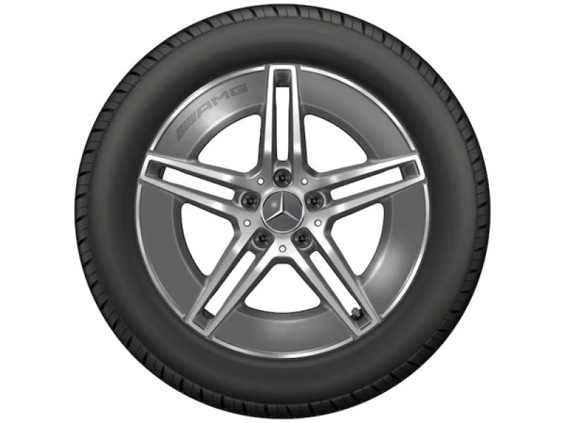 Original Mercedes-Benz Leichtmetallfelge mit fünf Doppelspeichen-Design in Silber, montiert mit einem Reifen. Das Mercedes-Logo befindet sich in der Mitte der Felge.
