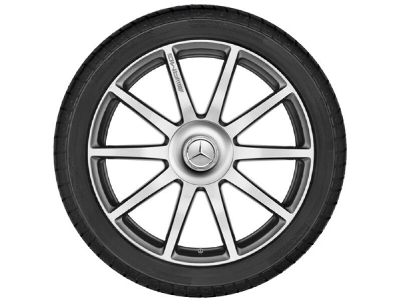 AMG Schmiederad 20 Zoll im 10-Speichen-Design für Mercedes S-Klasse W222 in titangrau, glanzgedrehte Oberfläche, passend für die Hinterachse, original Mercedes-Benz.