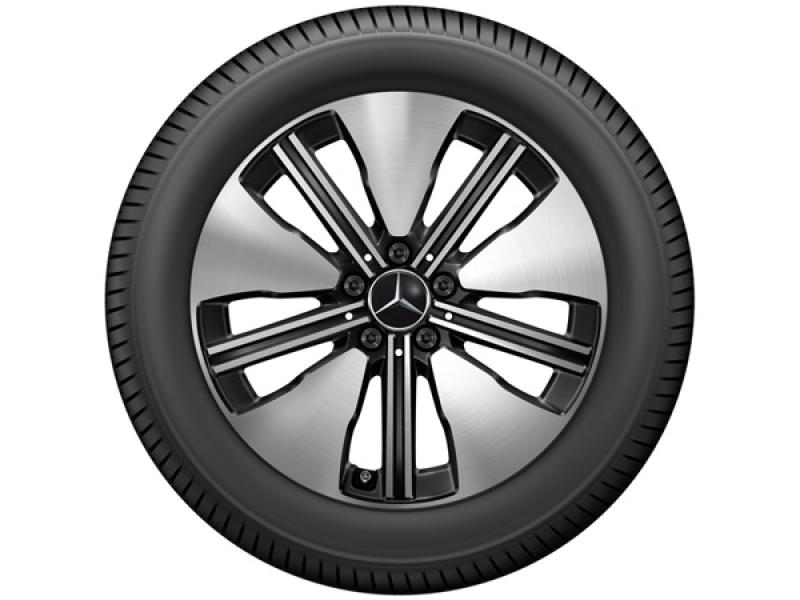 Original Mercedes-Benz Leichtmetallfelge mit Reifen – 5-Doppelspeichen-Design in Schwarz-Silber mit zentralem Mercedes-Benz Logo. Original Mercedes-Benz Leichtmetallfelge mit Reifen – 5-Doppelspeichen-Design in Schwarz-Silber mit zentralem Mercedes-Benz Logo.