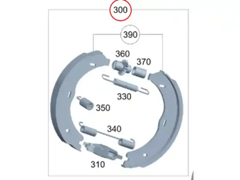 Explosionszeichnung Feststellbremse Hinterachse Mercedes-Benz Vito und V-Klasse W447 Baureihe mit Teilesatz Bremsbacke A6394200220