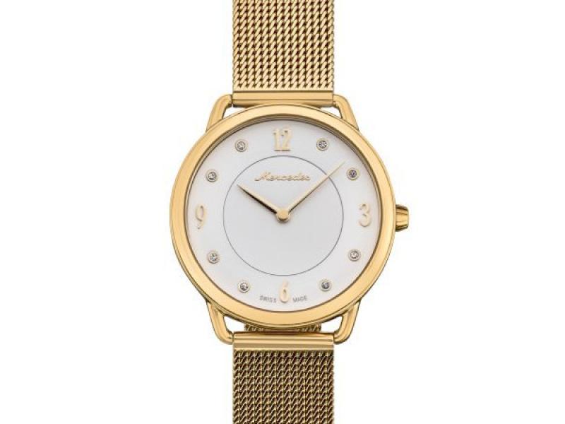 Classic Lady Armbanduhr mit gelbgoldenem Edelstahlgehäuse, Milanaise-Geflechtarmband und silbernem Zifferblatt mit goldfarbenen Details und Kristallverzierungen.