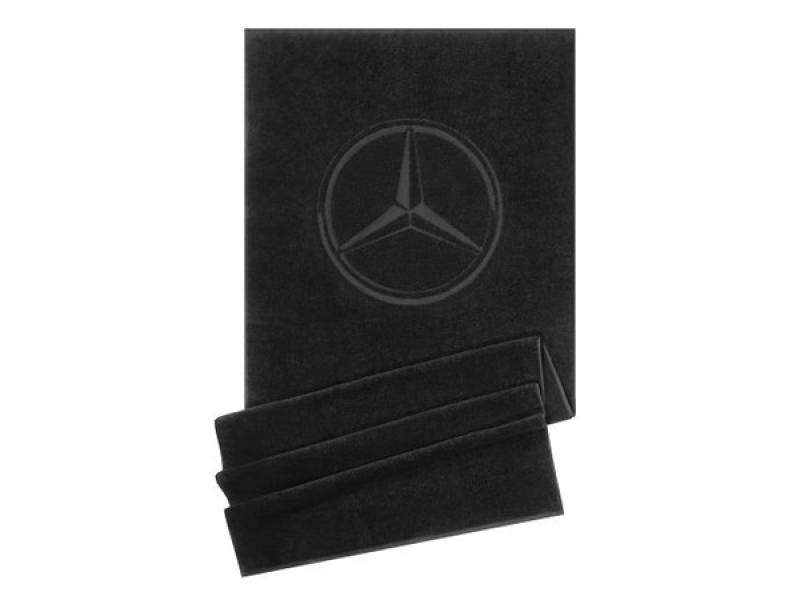 Schwarzes Dusch- und Strandtuch mit eingewebtem Mercedes-Benz Stern, aus 100 % Baumwolle, elegant und hochwertig, ideal für Strand, Pool oder Zuhause.