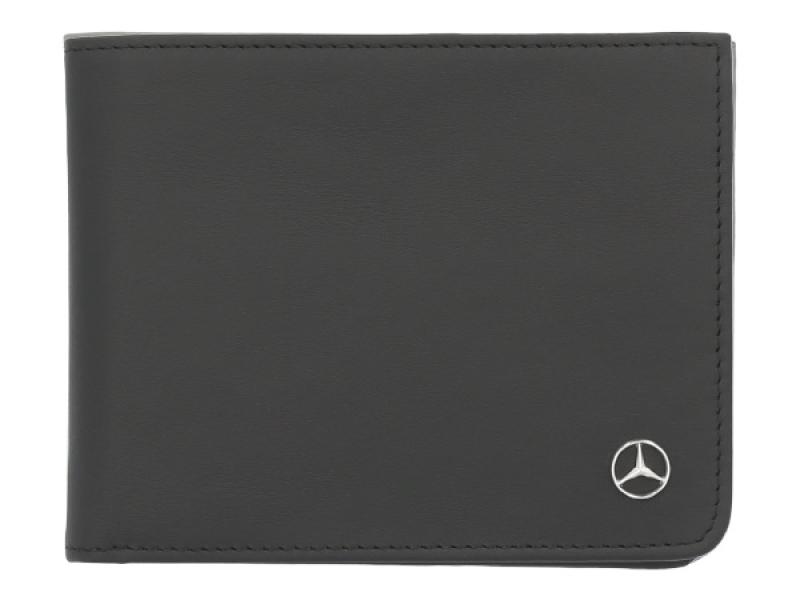 Schwarze Geldbörse aus hochwertigem Leder mit Mercedes Benz Logo auf der Vorderseite, schlichtes und elegantes Design.