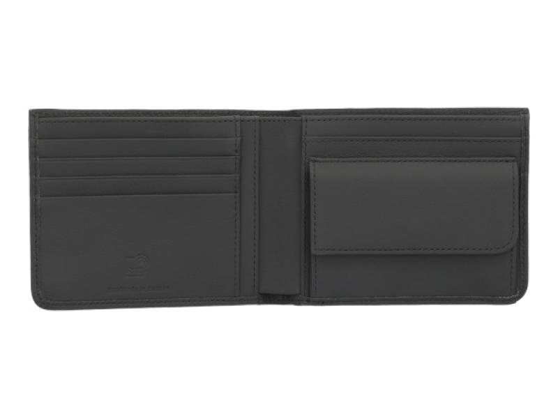 Innenansicht der schwarzen Leder-Geldbörse mit mehreren Kreditkartenfächern, einem Münzfach und einem Geldscheinfach.