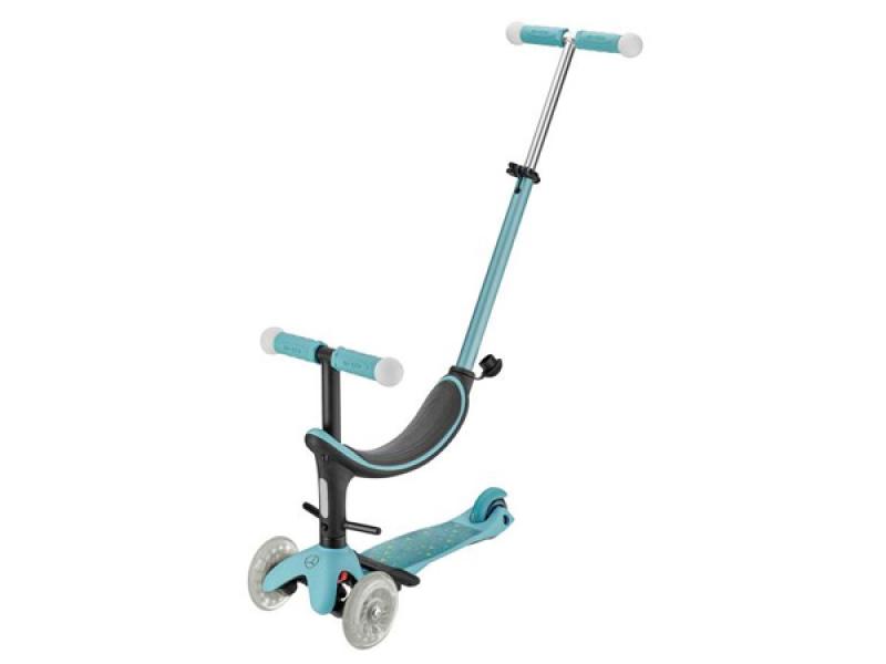 Kinder-Tretroller 4in1 in mintfarbenem Design mit langer Schiebestange und höhenverstellbarem T-Lenker, ideal für Kleinkinder.