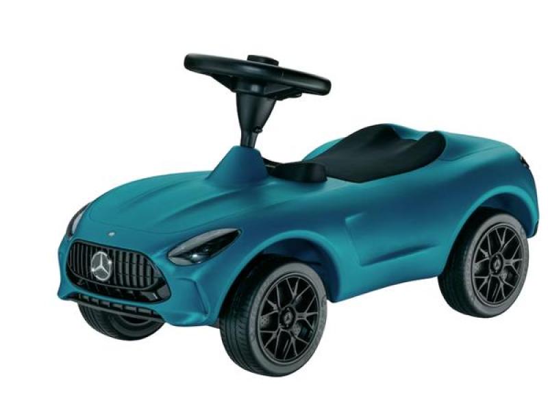 Rutschfahrzeug im Design eines Mercedes-AMG GT in Türkisblau, mit einem sportlichen Lenkrad, schwarzen AMG-Felgen und authentischen Designelementen, ideal für kleine Motorsportfans