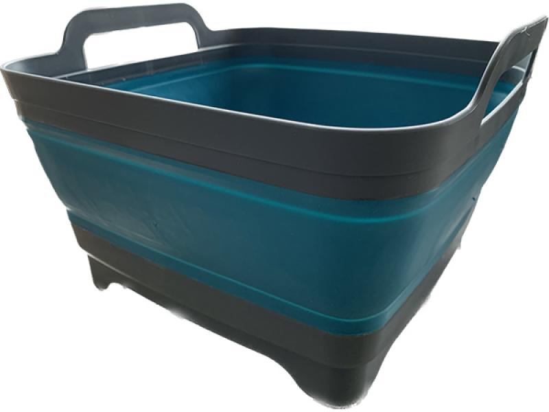 Eine faltbare Camping-Spülschüssel in Anthrazit/Petrol-Farbe, aufgeklappt und bereit für den Gebrauch.