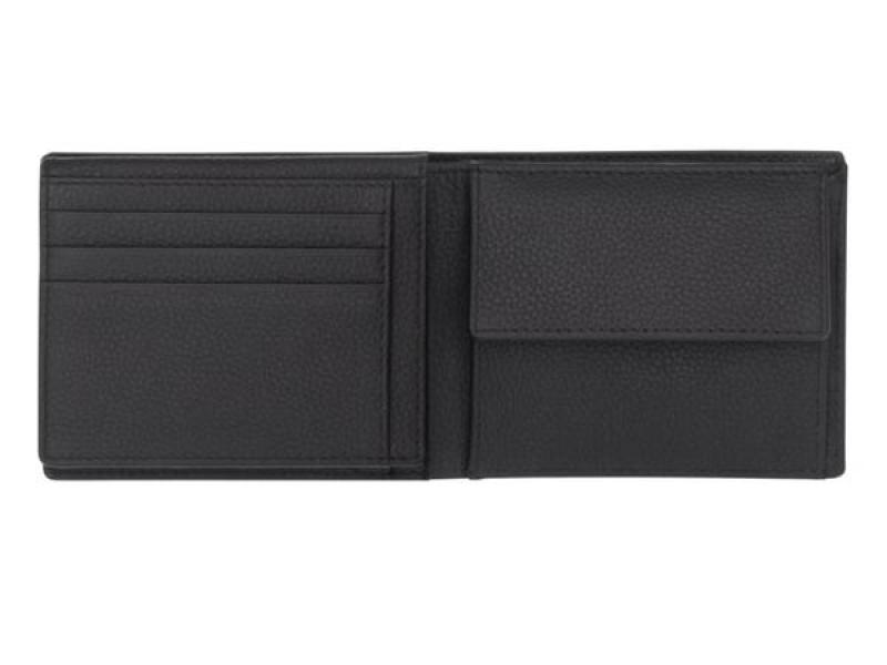 Geöffnete schwarze Geldbörse mit mehreren Kartenfächern und einem Münzfach, elegant und praktisch gestaltet.